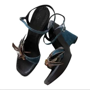 Casadei Vintage Blue Brown Wedge Platform Sandals With feather Details Size 7.5B