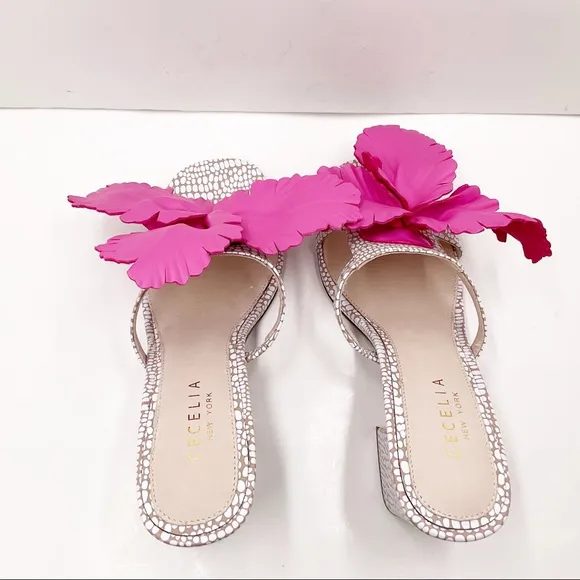 🆕{CECELIA NEW YORK} Hibiscus Leather Block Heel Slide Sandals