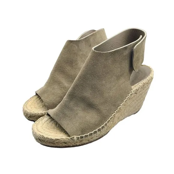 CELINE Women Sandals Taupe Leather Open-Toe Espadrille Wedge High Heel Sz 6 36