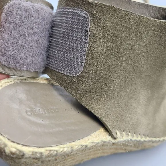 CELINE Women Sandals Taupe Leather Open-Toe Espadrille Wedge High Heel Sz 6 36