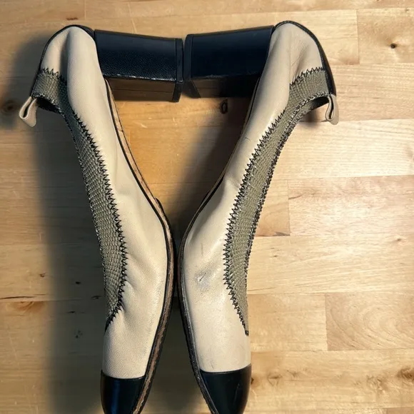 Chanel Stretch Cap Toe Block Heel 2” Pumps Black and Cream Leather Made in Italy
