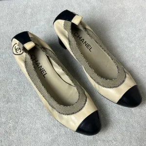 Chanel Stretch Cap Toe Block Heel 2” Pumps Black and Cream Leather Made in Italy