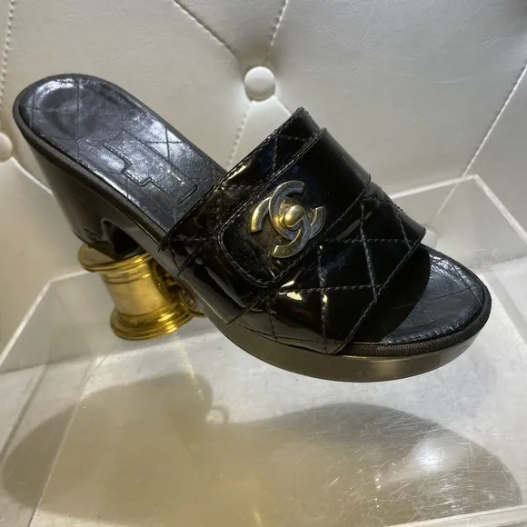 CHANEL tumlock CC logo black gold hardware quilted leather mules plaform