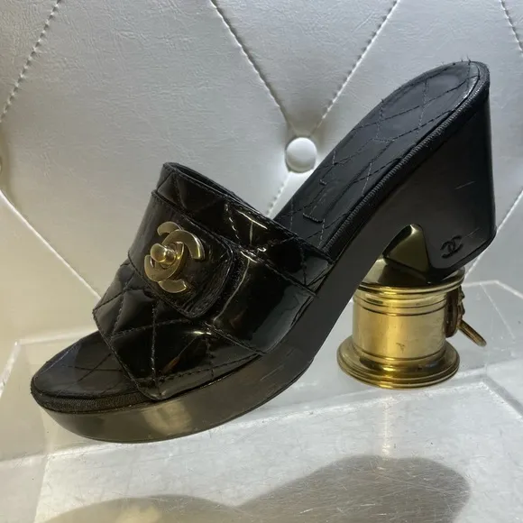CHANEL tumlock CC logo black gold hardware quilted leather mules plaform