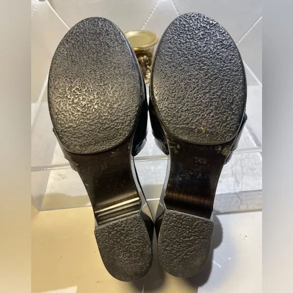 CHANEL tumlock CC logo black gold hardware quilted leather mules plaform