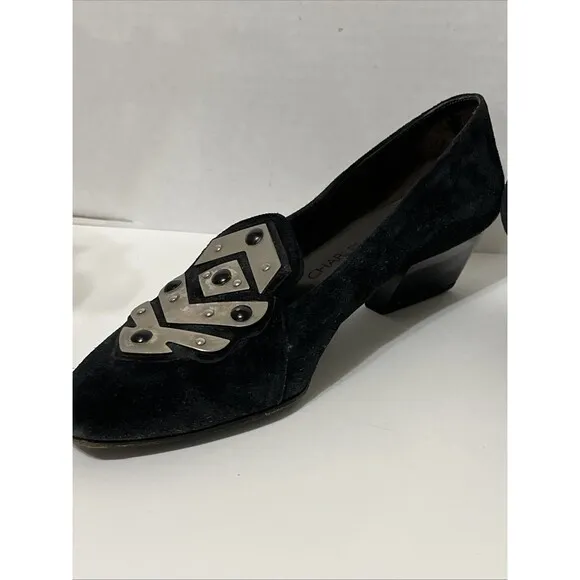 Charles Jourdan Paris Sz 8.5 Suede Black Silver Metal Art Deco Wedge Heel Shoes