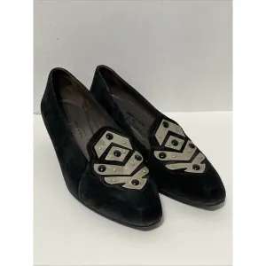 Charles Jourdan Paris Sz 8.5 Suede Black Silver Metal Art Deco Wedge Heel Shoes