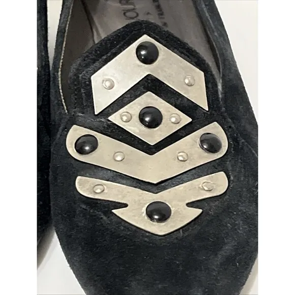 Charles Jourdan Paris Sz 8.5 Suede Black Silver Metal Art Deco Wedge Heel Shoes
