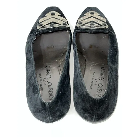 Charles Jourdan Paris Sz 8.5 Suede Black Silver Metal Art Deco Wedge Heel Shoes