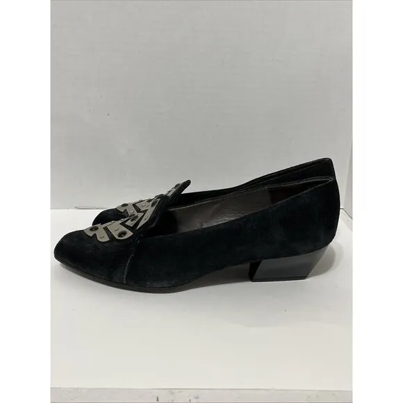 Charles Jourdan Paris Sz 8.5 Suede Black Silver Metal Art Deco Wedge Heel Shoes