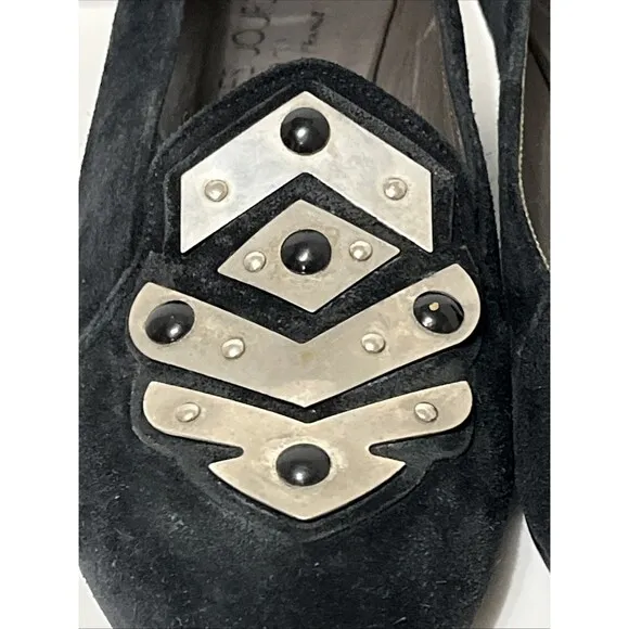 Charles Jourdan Paris Sz 8.5 Suede Black Silver Metal Art Deco Wedge Heel Shoes
