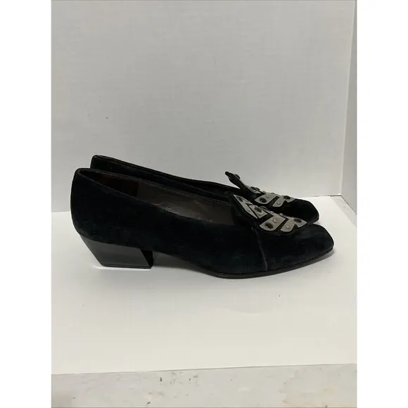 Charles Jourdan Paris Sz 8.5 Suede Black Silver Metal Art Deco Wedge Heel Shoes