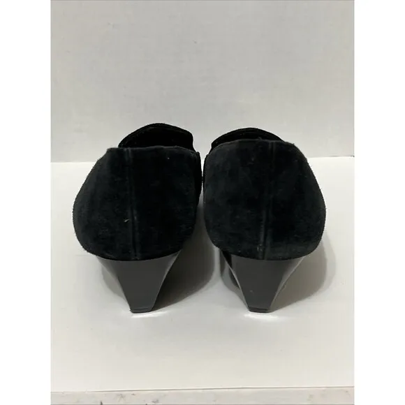 Charles Jourdan Paris Sz 8.5 Suede Black Silver Metal Art Deco Wedge Heel Shoes
