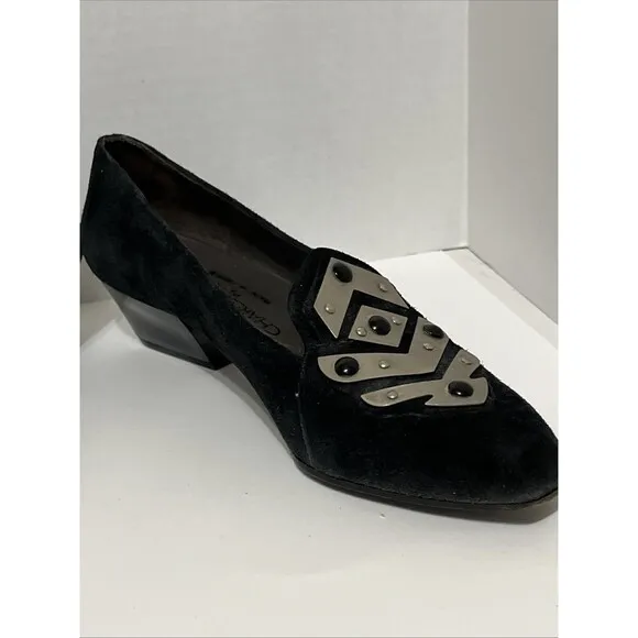 Charles Jourdan Paris Sz 8.5 Suede Black Silver Metal Art Deco Wedge Heel Shoes