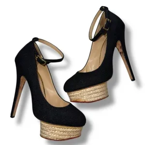 Charlotte Olympia Black Canvas Dolores Espadrille Platform Ankle-Strap Pumps