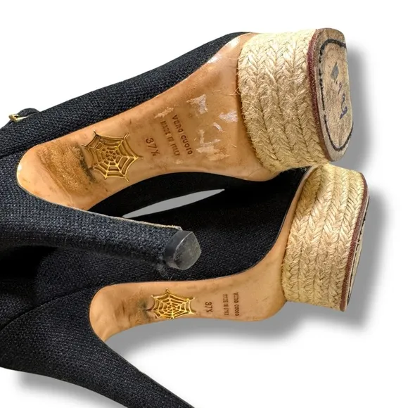Charlotte Olympia Black Canvas Dolores Espadrille Platform Ankle-Strap Pumps