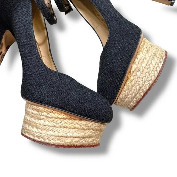 Charlotte Olympia Black Canvas Dolores Espadrille Platform Ankle-Strap Pumps