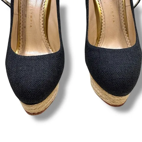 Charlotte Olympia Black Canvas Dolores Espadrille Platform Ankle-Strap Pumps