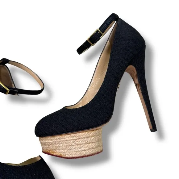 Charlotte Olympia Black Canvas Dolores Espadrille Platform Ankle-Strap Pumps