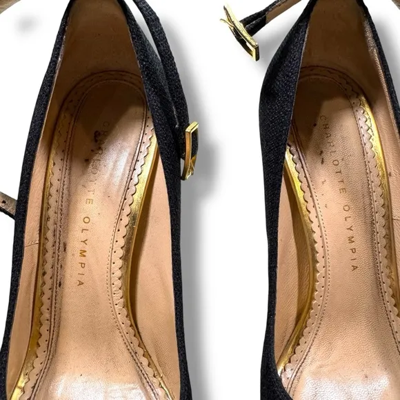 Charlotte Olympia Black Canvas Dolores Espadrille Platform Ankle-Strap Pumps