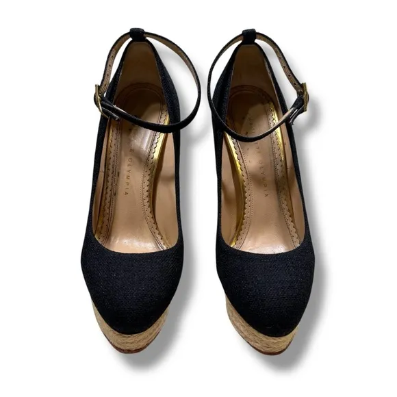 Charlotte Olympia Black Canvas Dolores Espadrille Platform Ankle-Strap Pumps