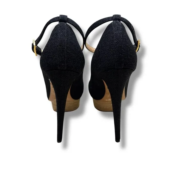 Charlotte Olympia Black Canvas Dolores Espadrille Platform Ankle-Strap Pumps