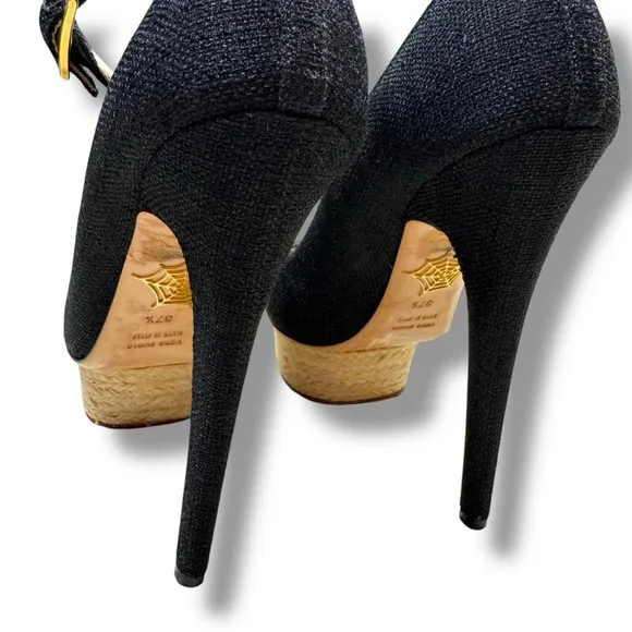 Charlotte Olympia Black Canvas Dolores Espadrille Platform Ankle-Strap Pumps