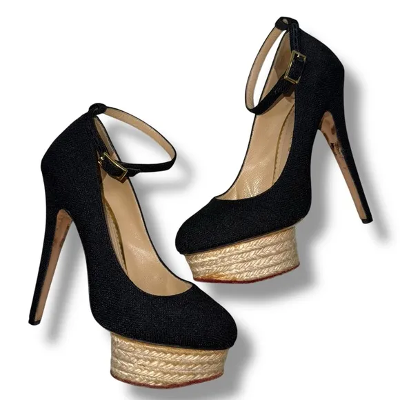 Charlotte Olympia Black Canvas Dolores Espadrille Platform Ankle-Strap Pumps