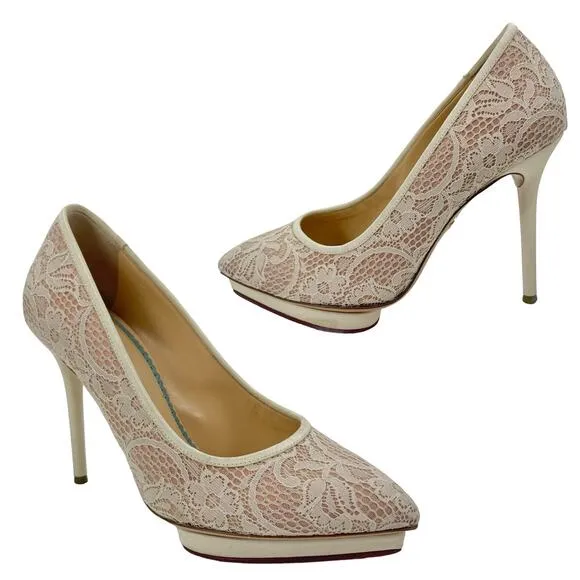 Charlotte Olympia Cream Lace Monroe Pointed Toe Pumps Bridal Shoes Size 37.5