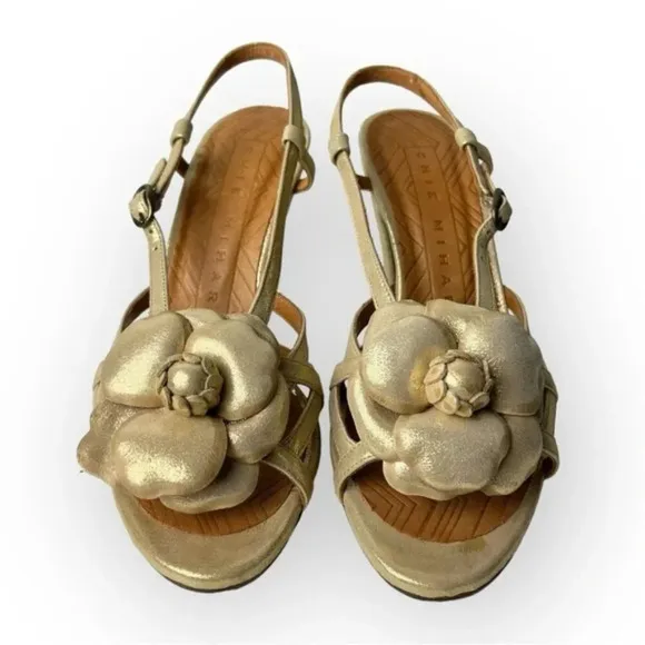 Chie Mihara Gold Leather Flower Slingback Heeled Sandals 36.5