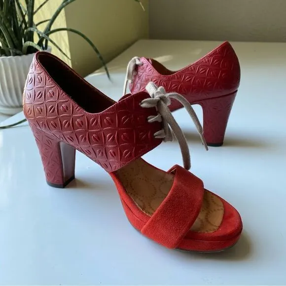 Chie Mihara Leather Embossed High Heel Sandals w/Lace Tie | Red Suede