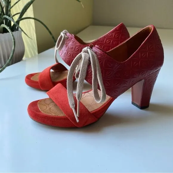 Chie Mihara Leather Embossed High Heel Sandals w/Lace Tie | Red Suede