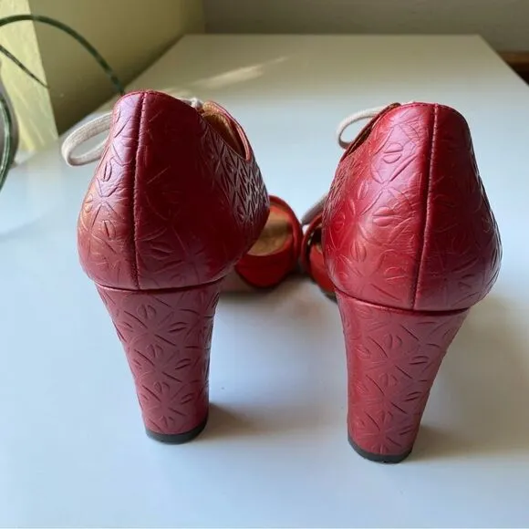 Chie Mihara Leather Embossed High Heel Sandals w/Lace Tie | Red Suede