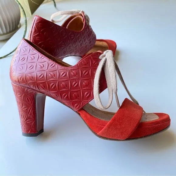 Chie Mihara Leather Embossed High Heel Sandals w/Lace Tie | Red Suede