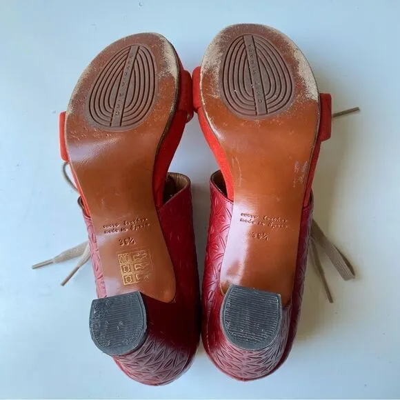 Chie Mihara Leather Embossed High Heel Sandals w/Lace Tie | Red Suede