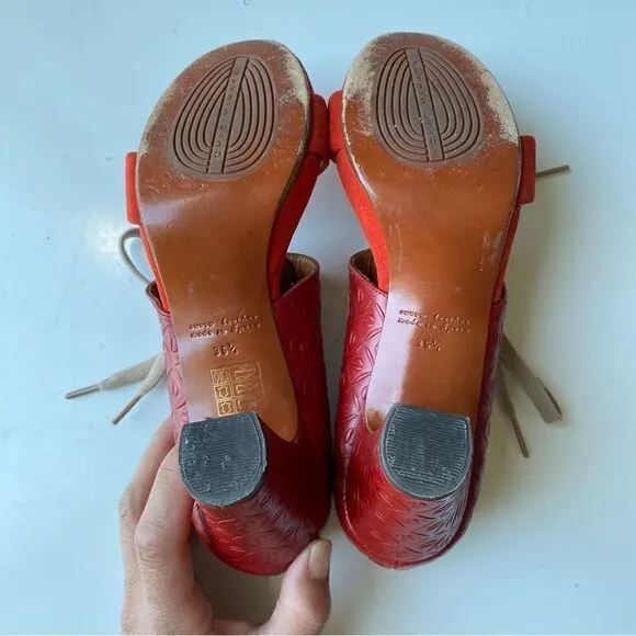 Chie Mihara Leather Embossed High Heel Sandals w/Lace Tie | Red Suede
