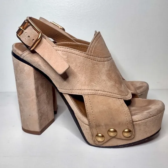 Chloé tan suede platform Mischa block heel sandals 36.5 $950