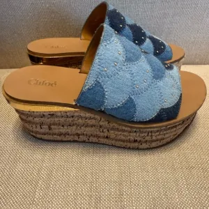 CHLOE Camille Blue Denim Wedge Sandals 36