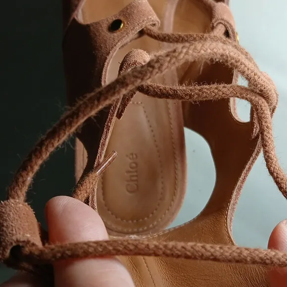 Chloe Gladiator Short Sandals in Camel Suede Platform Low Heel Lace Up Greek