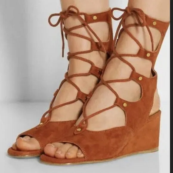 Chloe Gladiator Short Sandals in Camel Suede Platform Low Heel Lace Up Greek