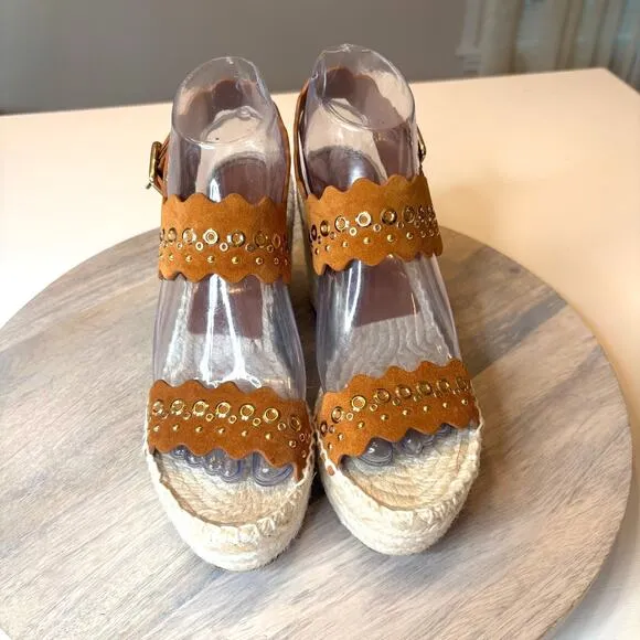 Chloe Lauren Grommet Stud Wedge Espadrille Tan Suede Sandals EU Size 38 US 8