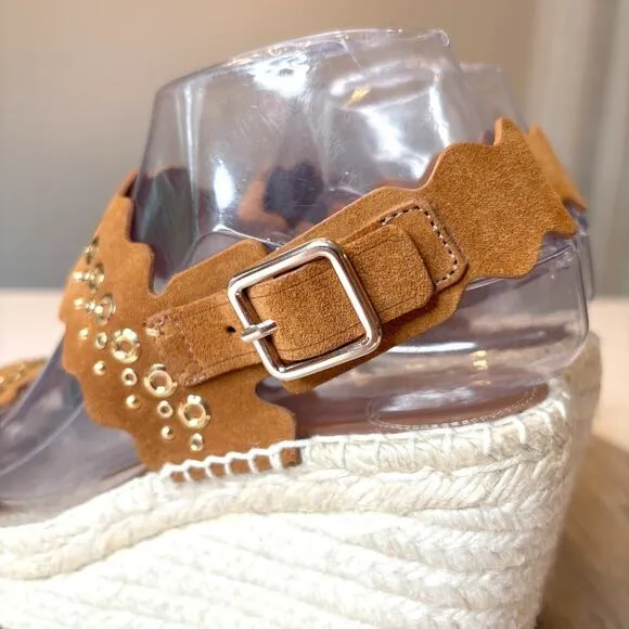 Chloe Lauren Grommet Stud Wedge Espadrille Tan Suede Sandals EU Size 38 US 8