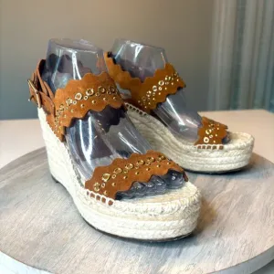 Chloe Lauren Grommet Stud Wedge Espadrille Tan Suede Sandals EU Size 38 US 8
