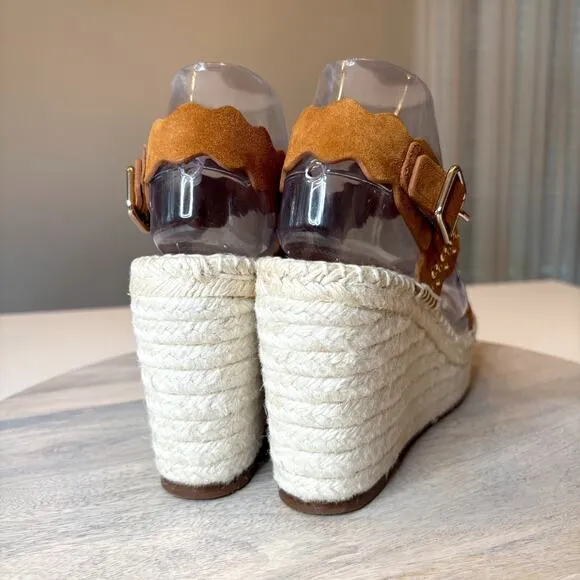 Chloe Lauren Grommet Stud Wedge Espadrille Tan Suede Sandals EU Size 38 US 8