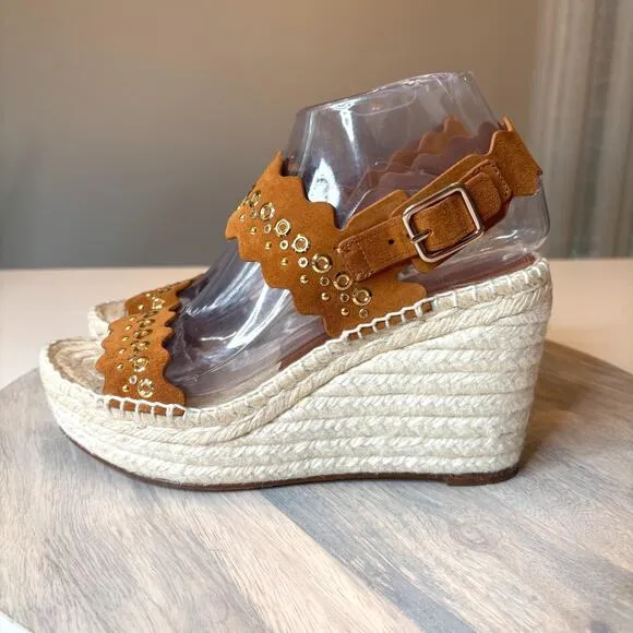 Chloe Lauren Grommet Stud Wedge Espadrille Tan Suede Sandals EU Size 38 US 8