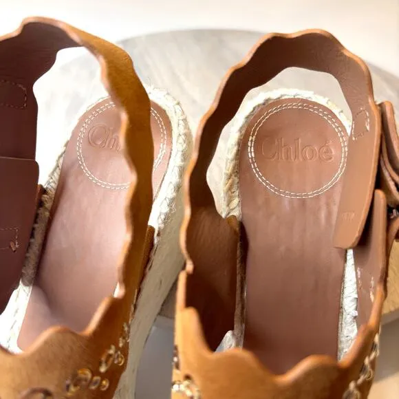 Chloe Lauren Grommet Stud Wedge Espadrille Tan Suede Sandals EU Size 38 US 8