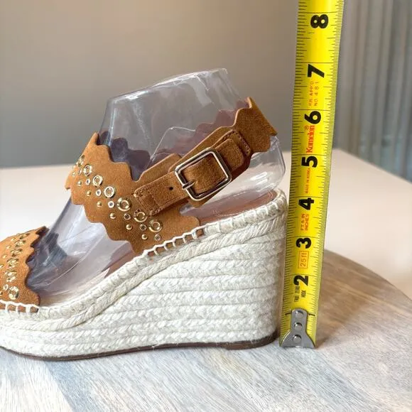 Chloe Lauren Grommet Stud Wedge Espadrille Tan Suede Sandals EU Size 38 US 8