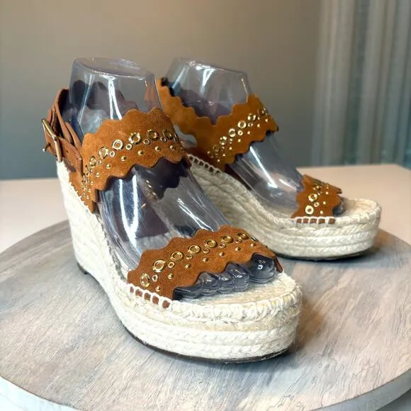 Chloe Lauren Grommet Stud Wedge Espadrille Tan Suede Sandals EU Size 38 US 8