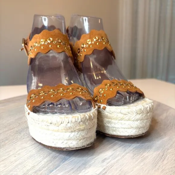 Chloe Lauren Grommet Stud Wedge Espadrille Tan Suede Sandals EU Size 38 US 8