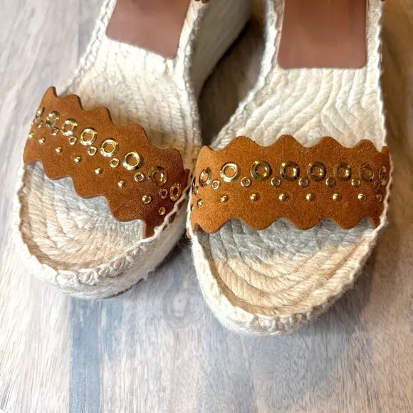 Chloe Lauren Grommet Stud Wedge Espadrille Tan Suede Sandals EU Size 38 US 8